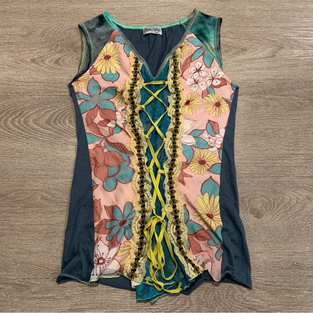 Gypsy Daisy Blue Boho Tank Top Size M